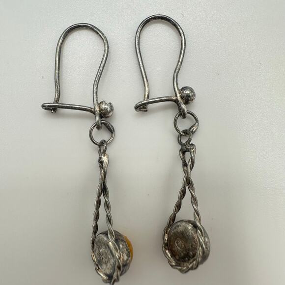 Antique vintage 800 silver Butterscotch egg yolk amber hook drop dangle earrings - Picture 7 of 10